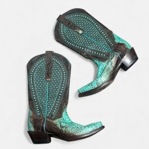 Vaccari Exotic Python Cowgirl Boots In Teal / Brown Size 8.5B
